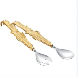 Gute Spoon Fork 2 Pieces Salad Server Gold Feather Leaf Design Set